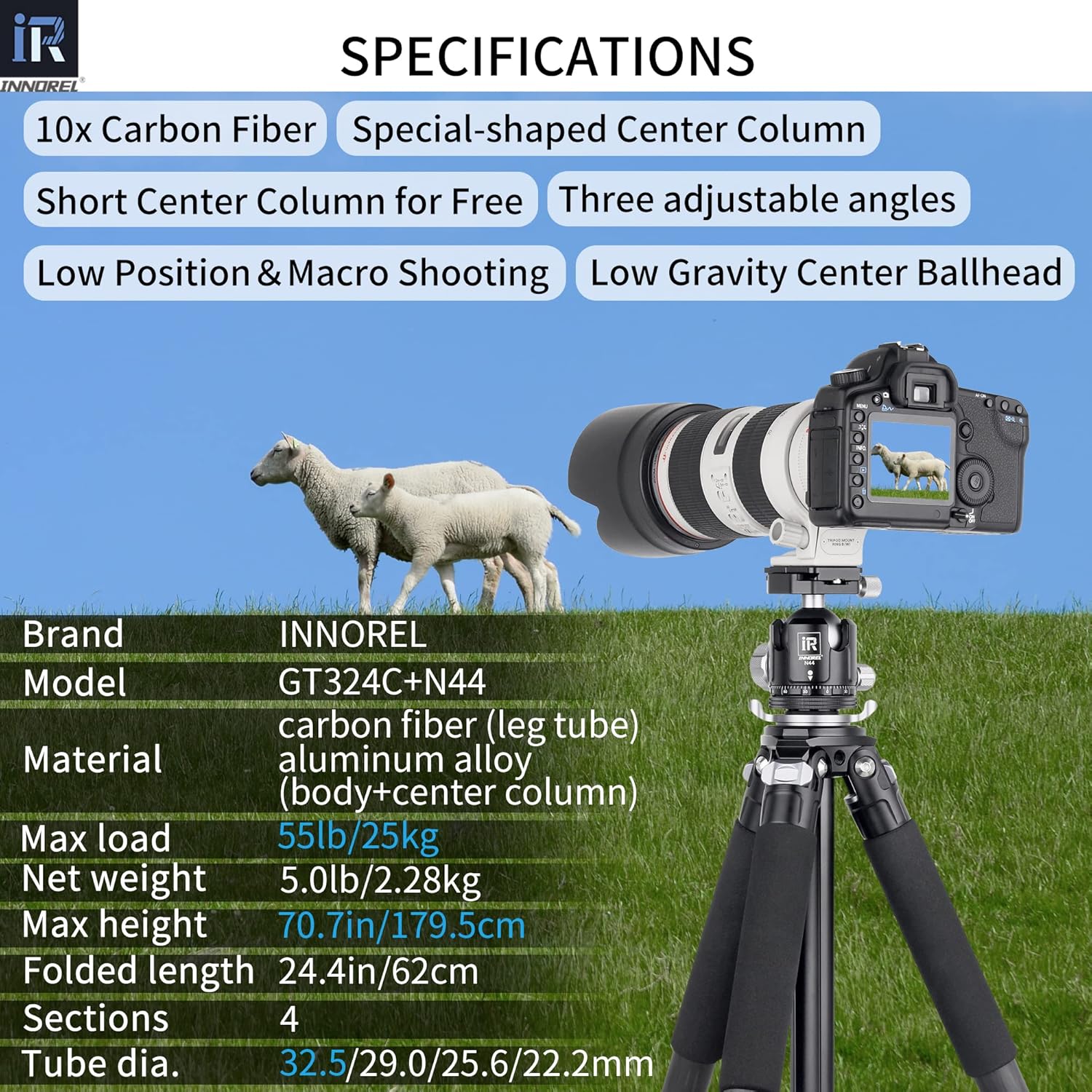 Carbon Fiber Tripod-INNOREL GT324C Professional Compact Tripod for DSLR Camera Heavy Duty Stand with Low Gravity Center Ball Head Special-Shaped Center Column Max Load 55lbs/25kg - Image 2