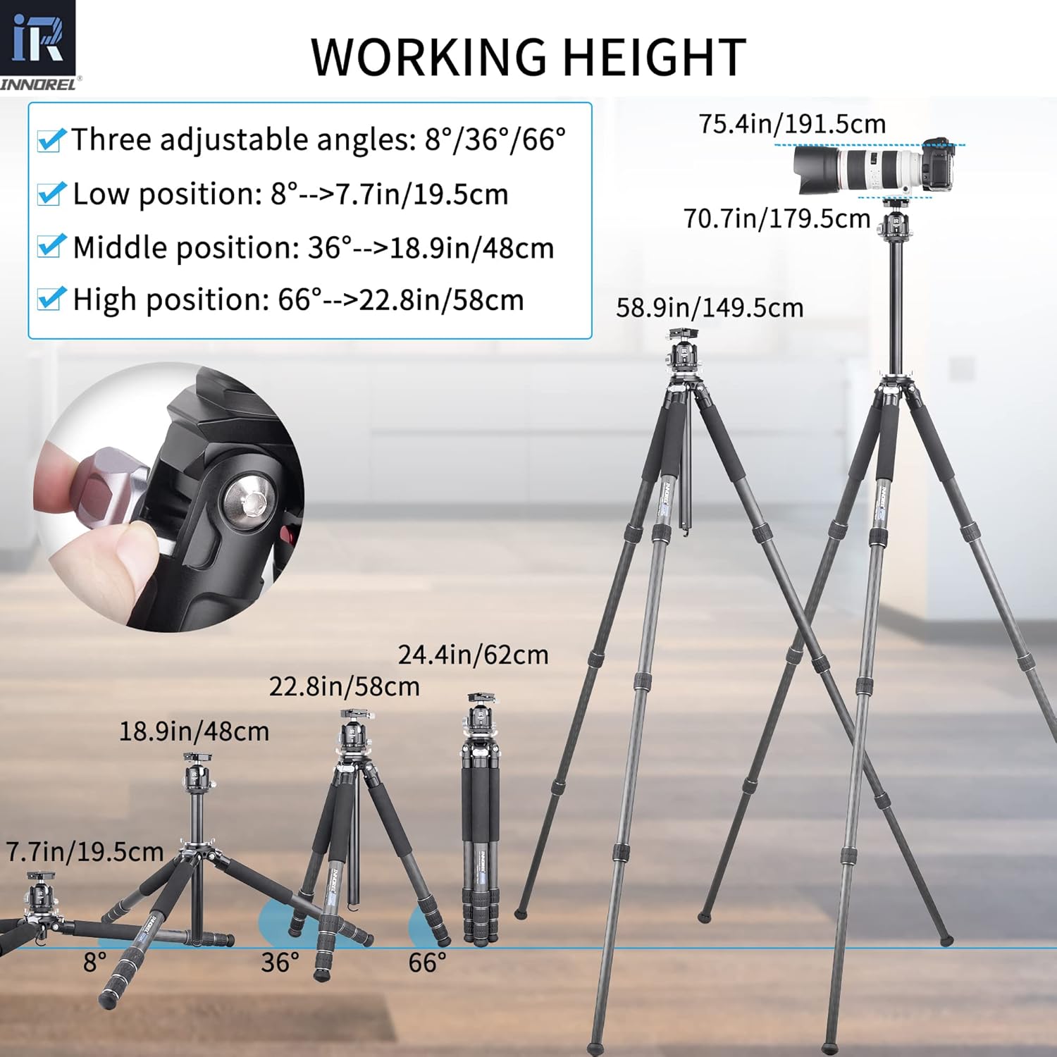 Carbon Fiber Tripod-INNOREL GT324C Professional Compact Tripod for DSLR Camera Heavy Duty Stand with Low Gravity Center Ball Head Special-Shaped Center Column Max Load 55lbs/25kg - Image 6